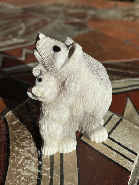 Mother bear and cub antler fetish carving