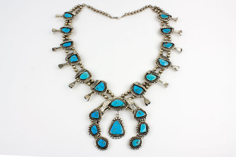 1970s Vintage Navajo Blue Gem Turquoise Squash Blossom Necklace - Turquoise Village - 1