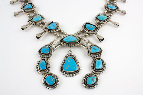 207g Vintage Blue Turquoise Squash Blossom Necklace 26, Bench Made