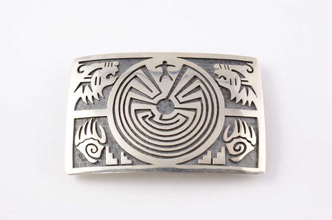 Hopi Overlay Man in the Maze Buckle by Perry Fred - Turquoise Village - 1