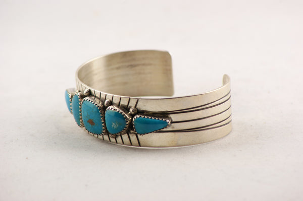 Navajo Turquoise Nugget Cuff Bracelet by Leonard Chee - Turquoise Village - 2