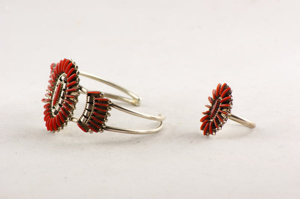 Zuni Needlepoint Red Coral Bracelet and Ring Set by Edmond Cooeyate - Turquoise Village - 2