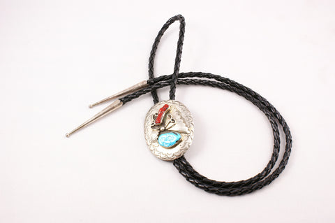 Navajo Red Coral and Turquoise Nugget Bolo by D. C. Thomas - Turquoise Village