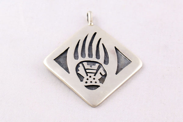 Hopi Overlay Sterling Silver Bear Paw and Prayer Feather Pendant by Ben Mansfield - Turquoise Village - 1
