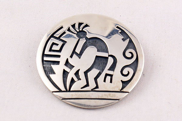 Hopi Overlay Sterling Silver Kokopelli Pin and Pendant by Wilmer Saufkie