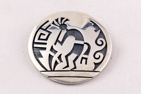 Hopi Overlay Sterling Silver Kokopelli Pin and Pendant by Wilmer Saufkie - Turquoise Village - 1