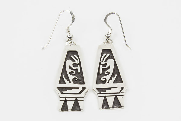 Hopi Overlay Kokopelli Drop Earrings by Floyd Lomakuyvaya - Turquoise Village - 1