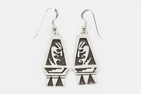 Hopi Overlay Kokopelli Drop Earrings by Floyd Lomakuyvaya - Turquoise Village - 1