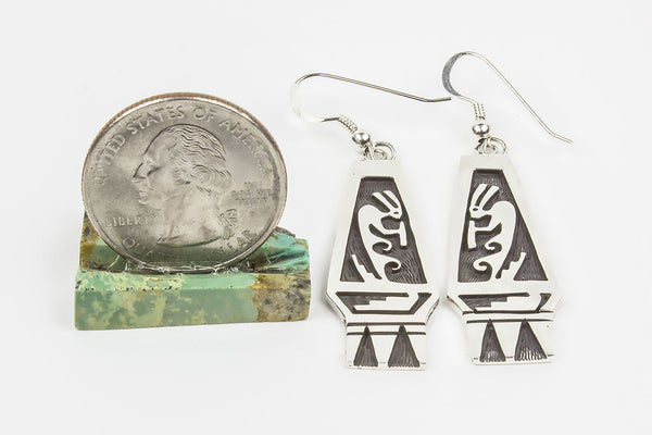 Hopi Overlay Kokopelli Drop Earrings by Floyd Lomakuyvaya - Turquoise Village - 3
