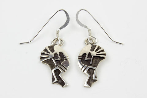 Hopi Sterling Silver Overlay Kokopelli Drop Earrings by Loren Qumawunu - Turquoise Village - 1