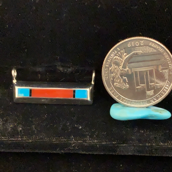 Turquoise, coral and jet bar pendant