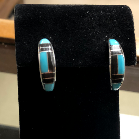 Turquoise and black jet half-hoop earrings