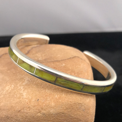 Sterling silver and gaspeite channel inlay bracelet