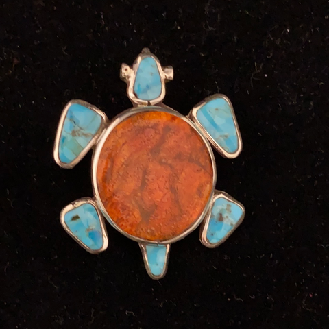 Apple coral and turquoise turtle pin/pendant