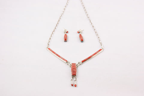 Zuni Channel Inlay Red Coral Necklace & Earring Set by Dale Lucio - Turquoise Village