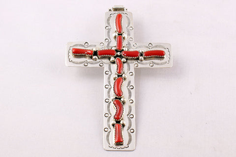 Navajo Red Coral and Sterling Silver Cross Pendant - Turquoise Village - 1