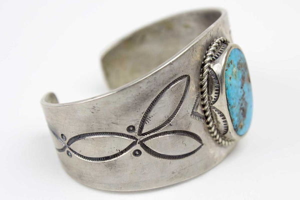 Navajo Stamped Turquoise Cuff Bracelet by Leonard Chee - Turquoise Village - 2