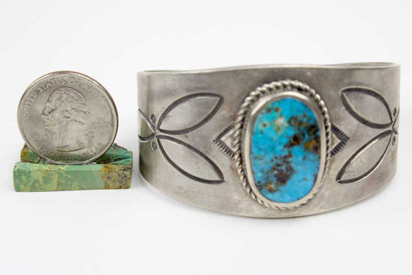 Navajo Stamped Turquoise Cuff Bracelet by Leonard Chee - Turquoise Village - 4