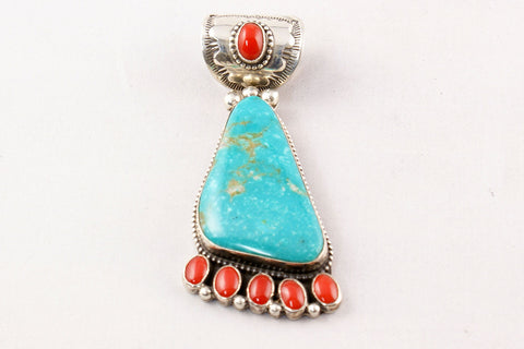 Navajo Turquoise and Red Coral Pendant by Rick Martinez - Turquoise Village - 1