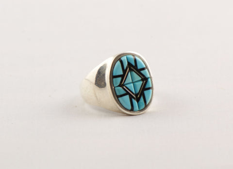 Zuni Inlay Turquoise Ring by Yelmo Natachu - Turquoise Village
