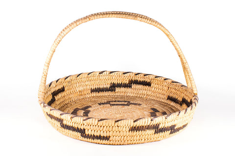 Tohono O'odham Coiled Basket With Handle Featuring Lightening & Coyote Track Designs - Turquoise Village