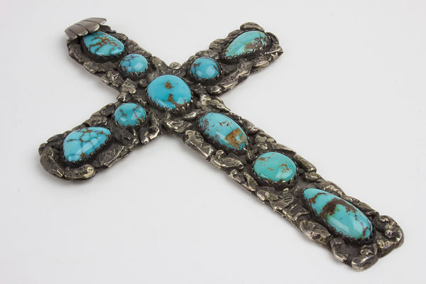 Vintage Navajo Stamped Sterling Silver Gemstone Large Cross Pendant