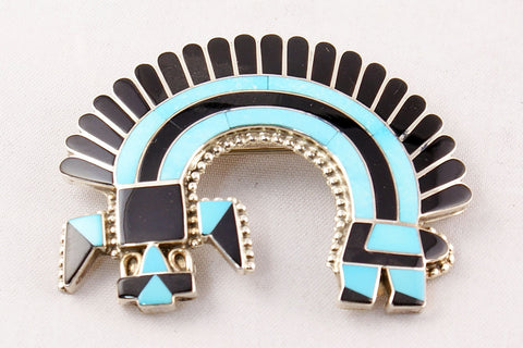 Zuni Channel Inlay Turquoise and Jet Rainbow God Pin and Pendant by Fadrian Bowannie - Turquoise Village - 1