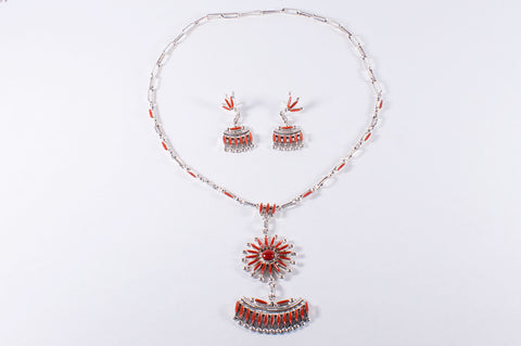 Zuni Coral Needlepoint Necklace and Earring Set by Bryant Waatsa Jr. - Turquoise Village