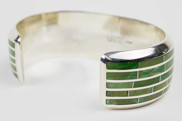 Zuni Green Turquoise Channel Inlay Bracelet by Larry Loretto - Turquoise Village - 2