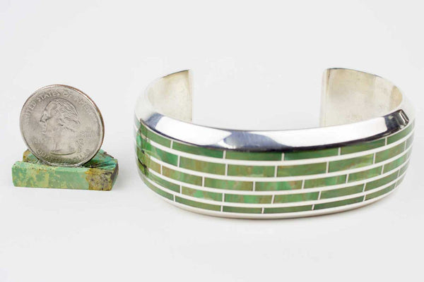 Zuni Green Turquoise Channel Inlay Bracelet by Larry Loretto - Turquoise Village - 4
