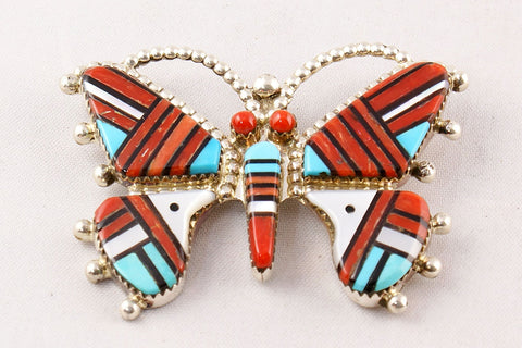 Zuni Multistone Inlay Butterfly Pin and Pendant by Wayne Haloo - Turquoise Village - 1
