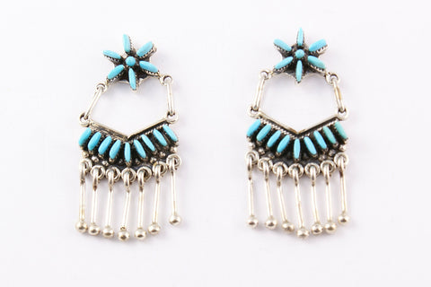 Zuni Needlepoint Turquoise Drop Earrings by Nelson & Milli Unkenstine - Turquoise Village