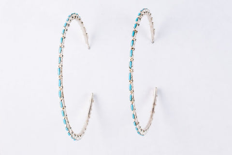 Zuni Turquoise Needlepoint Hoop Earrings by Alvin and Aurdia Hughte - Turquoise Village