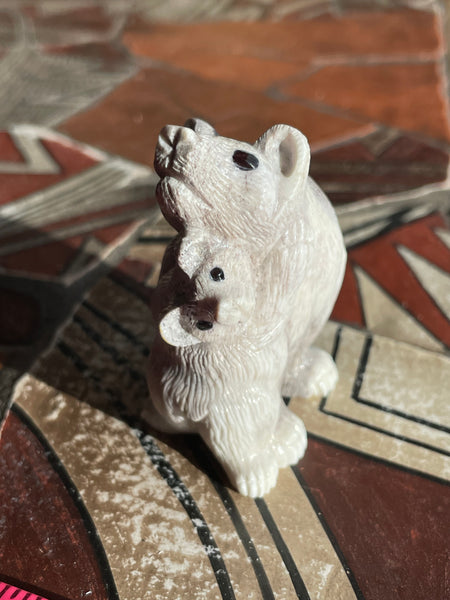 Mother bear and cub antler fetish carving
