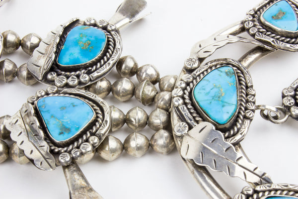 1970s Vintage Navajo Blue Gem Turquoise Squash Blossom Necklace - Turquoise Village - 4