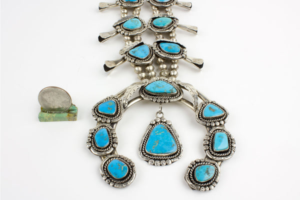 1970s Vintage Navajo Blue Gem Turquoise Squash Blossom Necklace - Turquoise Village - 7