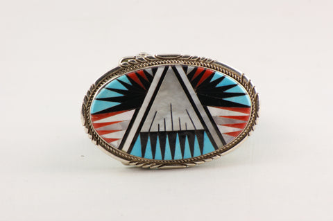 Zuni Inlay Oval Belt Buckle by Gladys & Leslie Lamy - Turquoise Village