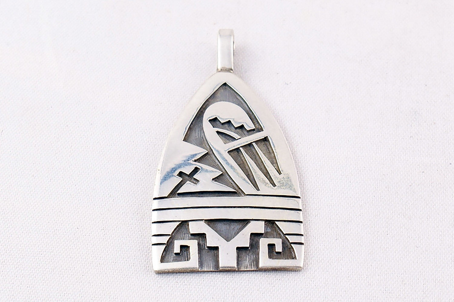 Hopi Overlay Sterling Silver Bear Paw and Pueblo Design Pendant by Ben Mansfield