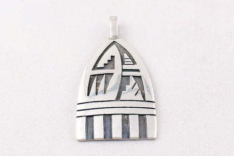 Hopi Overlay Sterling Silver Waterwave and Pueblo Design Pendant by Ben Mansfield - Turquoise Village - 1