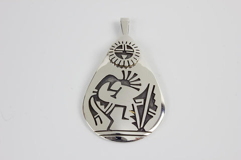 Hopi Sterling Silver Overlay Kokopelli and Sunface Pendant by Floyd Lomakuyvaya - Turquoise Village - 1