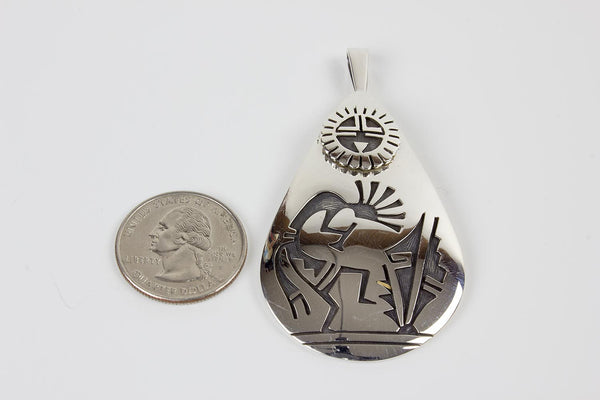 Hopi Sterling Silver Overlay Kokopelli and Sunface Pendant by Floyd Lomakuyvaya - Turquoise Village - 3