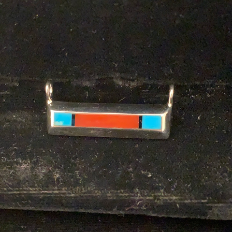 Turquoise, coral and jet bar pendant