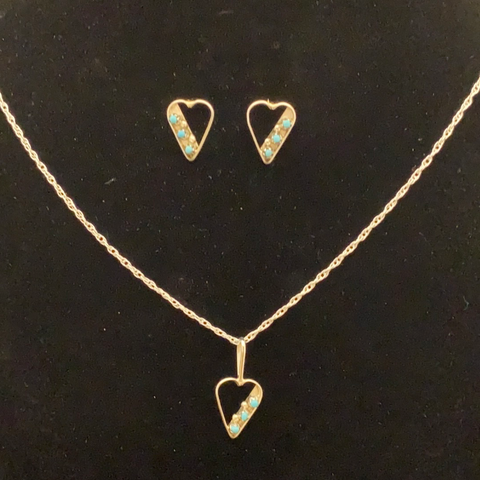 Silver and turquoise heart earring and necklace set