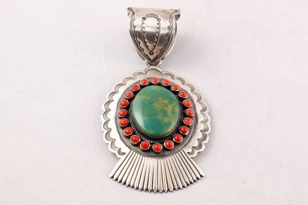 Navajo Green Turquoise Nugget and Red Coral Snake Eye Pendant by Rick Martinez - Turquoise Village - 1
