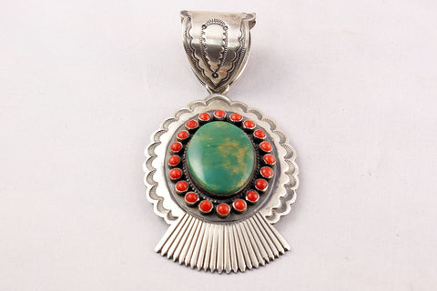 Navajo Green Turquoise Nugget and Red Coral Snake Eye Pendant by Rick Martinez - Turquoise Village - 1