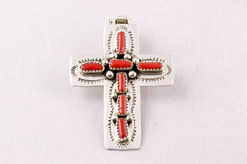 Navajo Red Coral Nugget Cross Pendant - Turquoise Village - 1