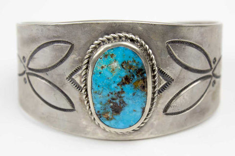 Navajo Stamped Turquoise Cuff Bracelet by Leonard Chee - Turquoise Village - 1