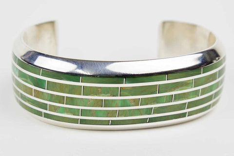 Zuni Green Turquoise Channel Inlay Bracelet by Larry Loretto - Turquoise Village - 1