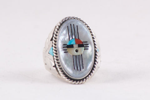Zuni Multistone Inlay Ring Featuring Sunface by Jeremy Hustito - Turquoise Village - 1