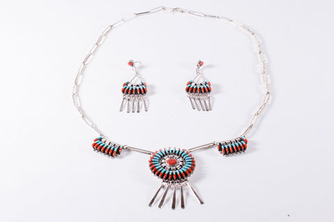 Zuni Turquoise and Red Coral Needlepoint Necklace and Earring Set by Edmund Cooeyate - Turquoise Village